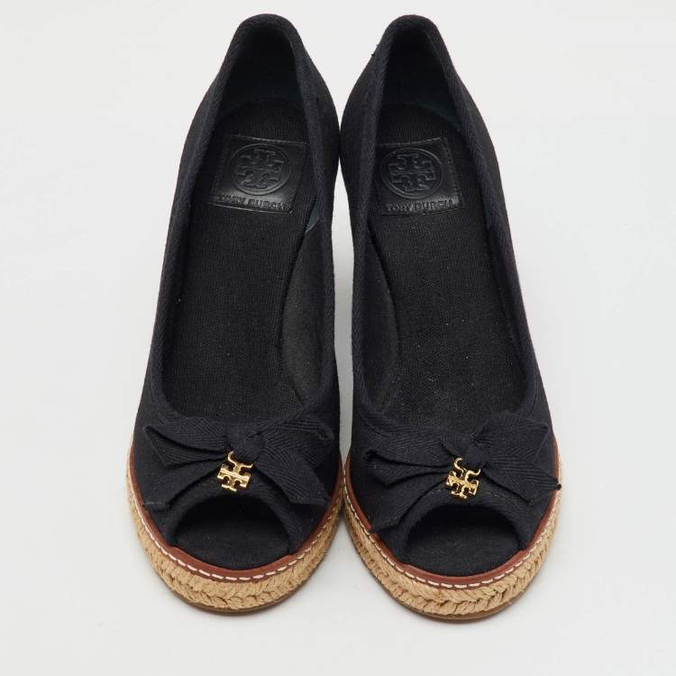 Pre Owned Tory Burch Black Canvas Jackie Wedge Platform Espadrille Peep Toe Pumps Size 36