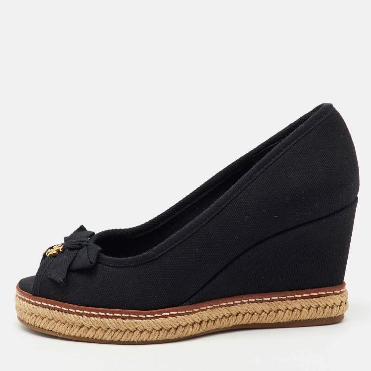 Pre Owned Tory Burch Black Canvas Jackie Wedge Platform Espadrille Peep Toe Pumps Size 36