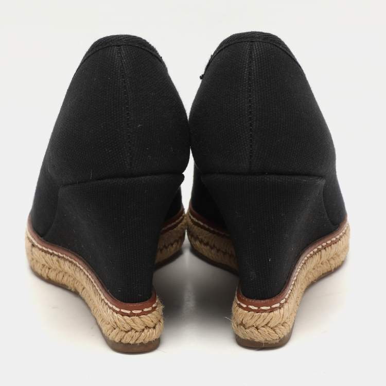Pre Owned Tory Burch Black Canvas Jackie Wedge Peep Toe Pumps Size 35.5