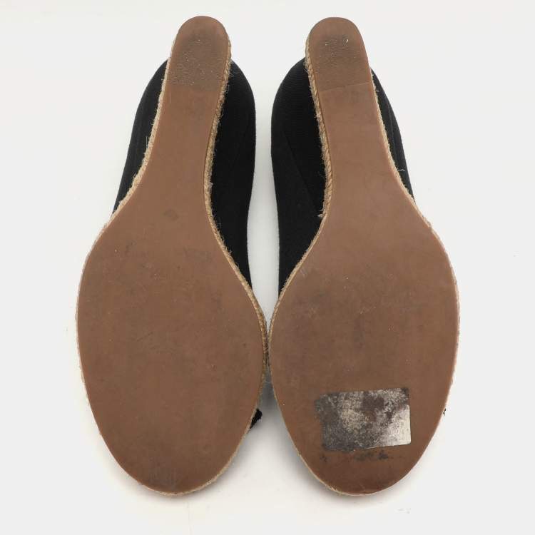 Pre Owned Tory Burch Black Canvas Jackie Wedge Peep Toe Pumps Size 35.5