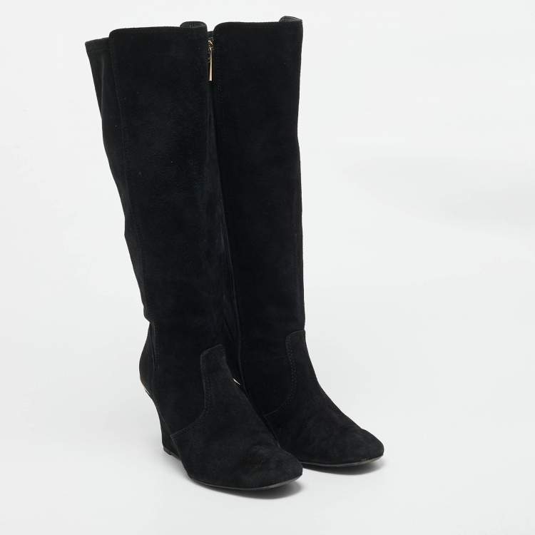 Pre Owned Tory Burch Black Suede Zipped Knee Length Boots Size 38
