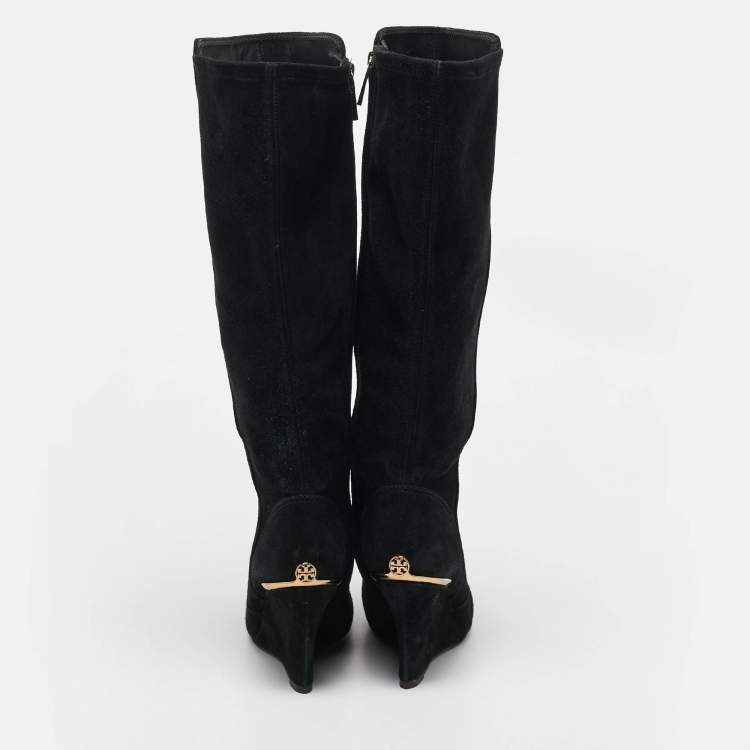 Pre Owned Tory Burch Black Suede Zipped Knee Length Boots Size 38