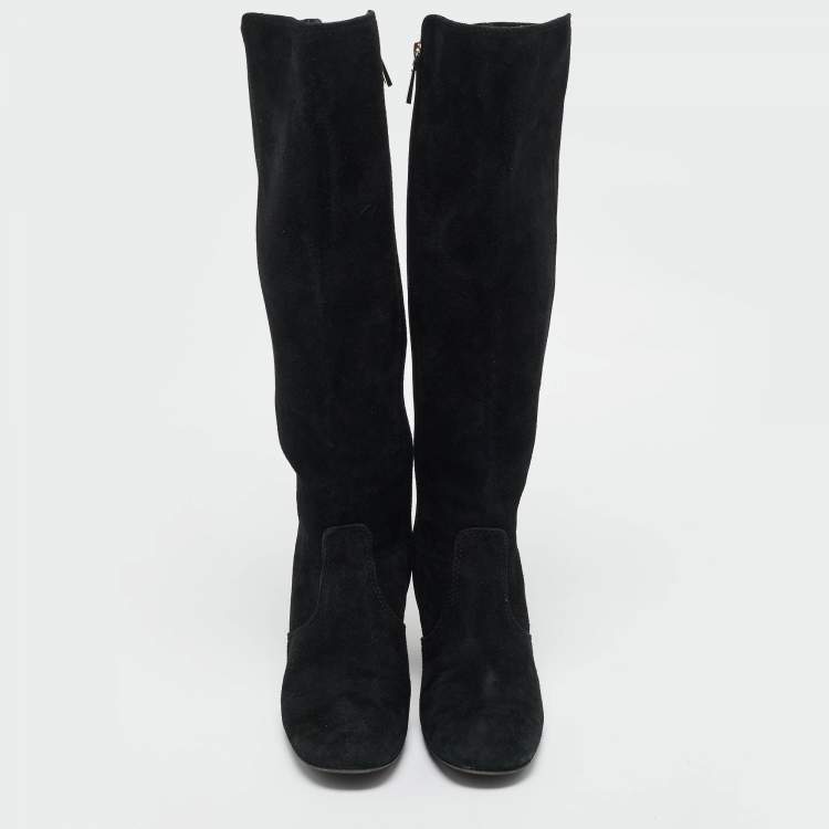 Pre Owned Tory Burch Black Suede Zipped Knee Length Boots Size 38
