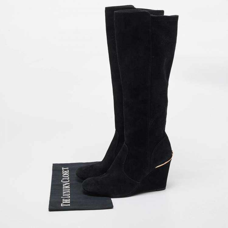 Pre Owned Tory Burch Black Suede Zipped Knee Length Boots Size 38