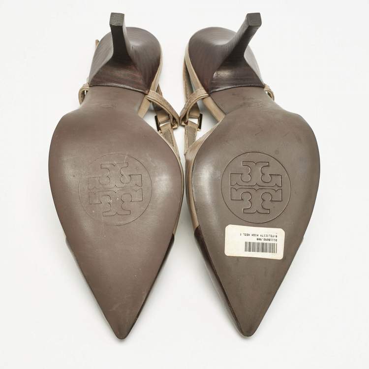 Pre Owned Tory Burch Olive Green/Brown Leather Slingback Pumps Size 39