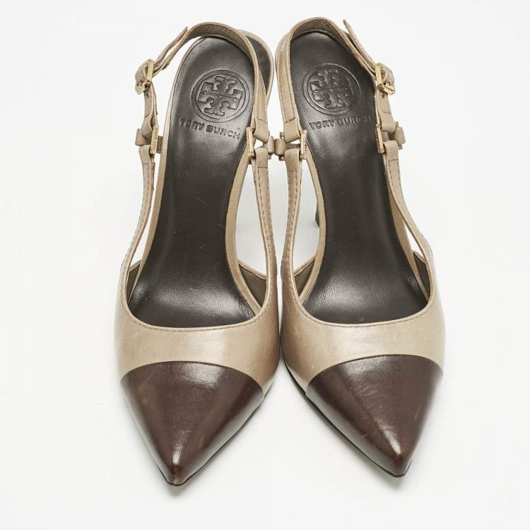 Pre Owned Tory Burch Olive Green/Brown Leather Slingback Pumps Size 39