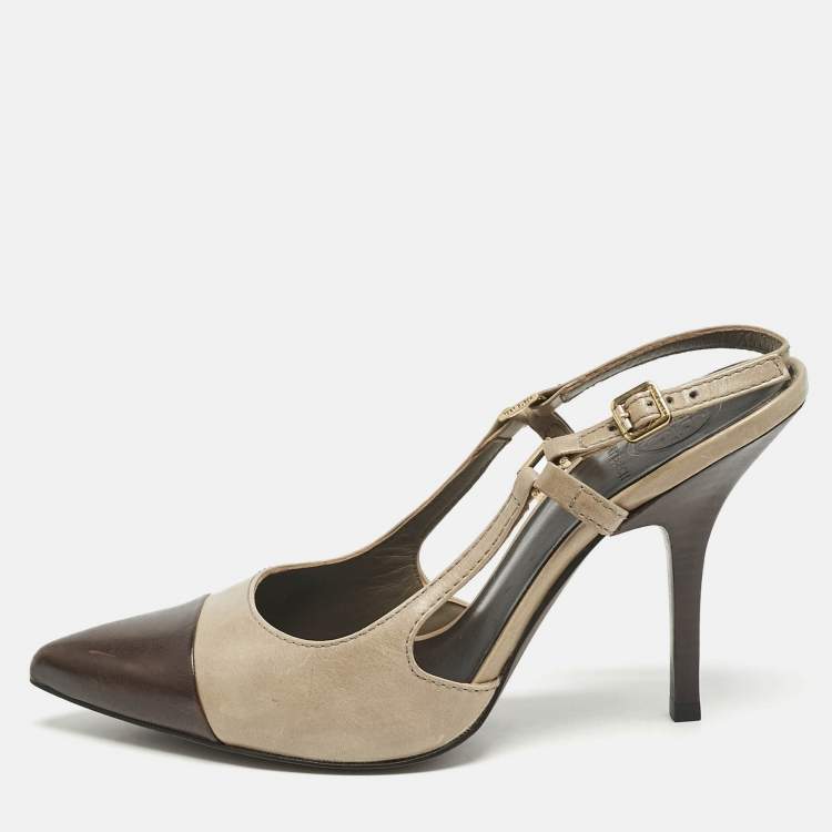 Pre Owned Tory Burch Olive Green/Brown Leather Slingback Pumps Size 39