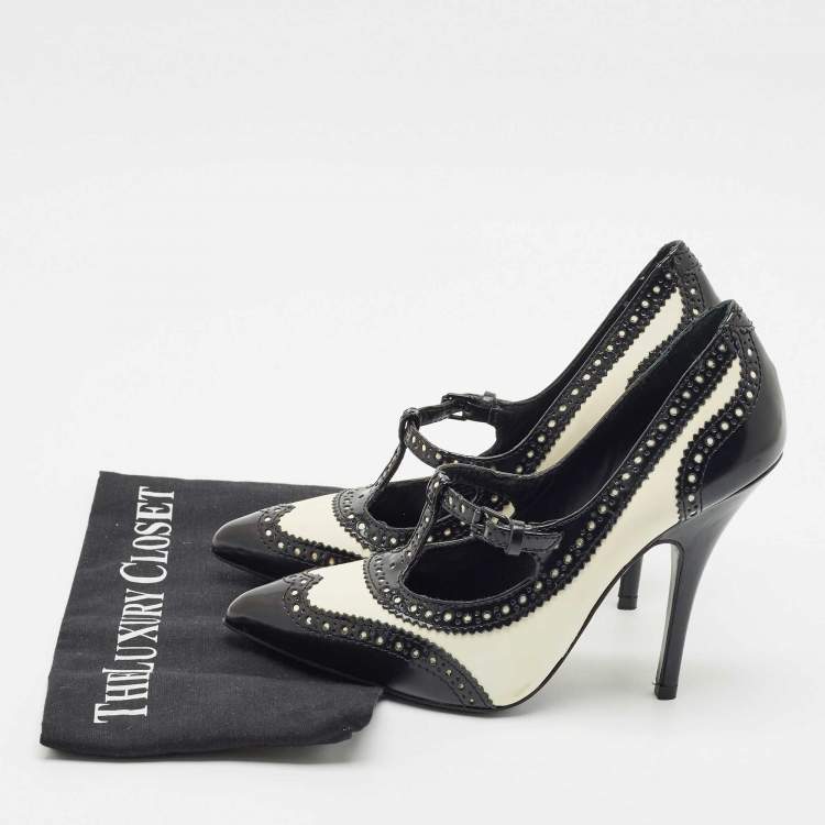 Pre Owned Tory Burch Black/White Brogue Leather Everly Pointed Toe Pumps Size 39