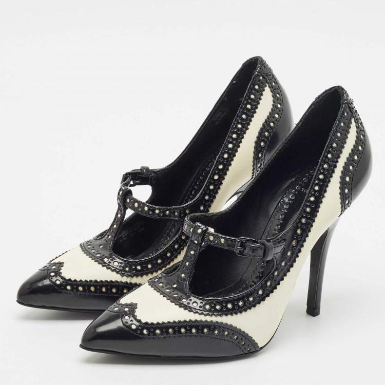 Pre Owned Tory Burch Black/White Brogue Leather Everly Pointed Toe Pumps Size 39