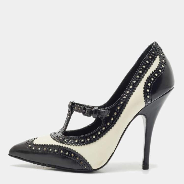 Pre Owned Tory Burch Black/White Brogue Leather Everly Pointed Toe Pumps Size 39