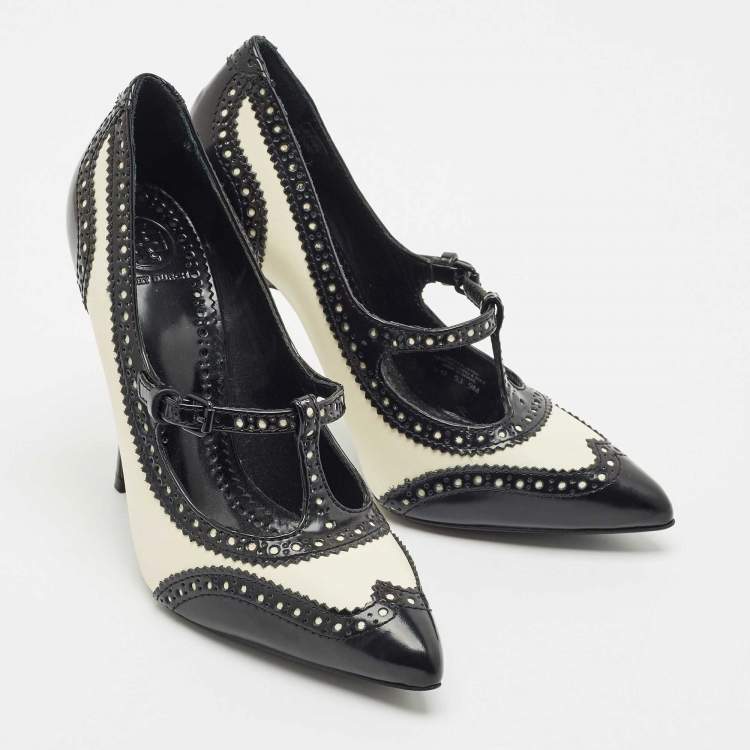 Pre Owned Tory Burch Black/White Brogue Leather Everly Pointed Toe Pumps Size 39