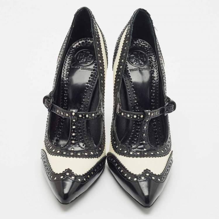 Pre Owned Tory Burch Black/White Brogue Leather Everly Pointed Toe Pumps Size 39