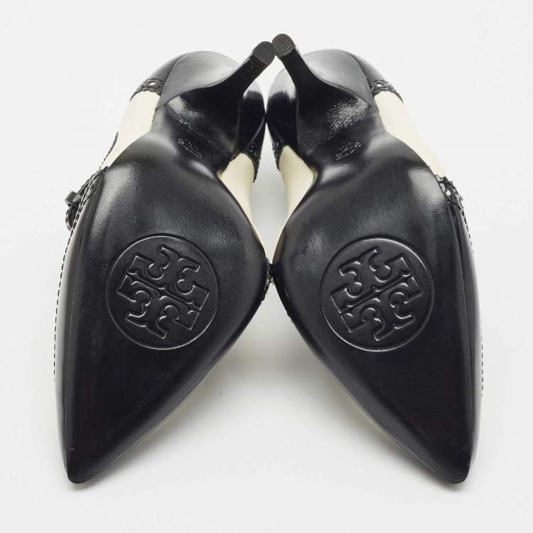 Pre Owned Tory Burch Black/White Brogue Leather Everly Pointed Toe Pumps Size 39