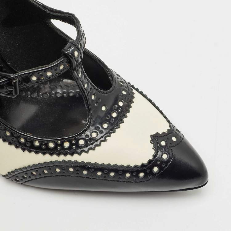 Pre Owned Tory Burch Black/White Brogue Leather Everly Pointed Toe Pumps Size 39