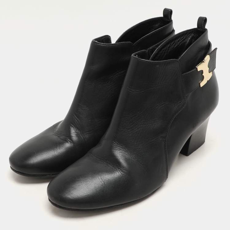 Pre Owned Tory Burch Black Leather Ankle Length Boots Size 41