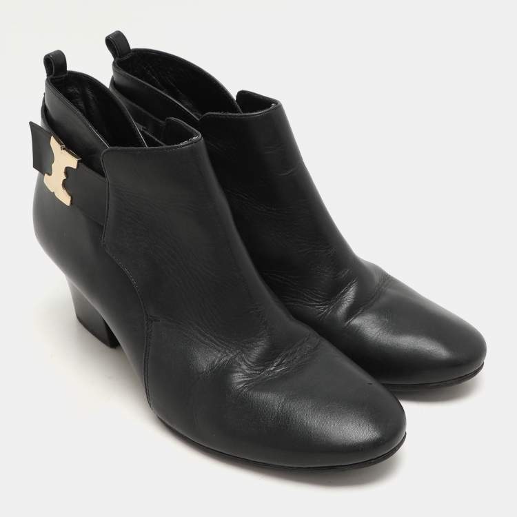 Pre Owned Tory Burch Black Leather Ankle Length Boots Size 41