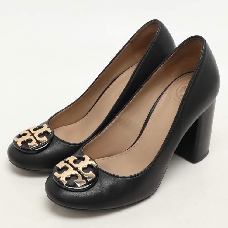 Pre Owned Tory Burch Black Leather Janey Block Heel Pumps Size 35