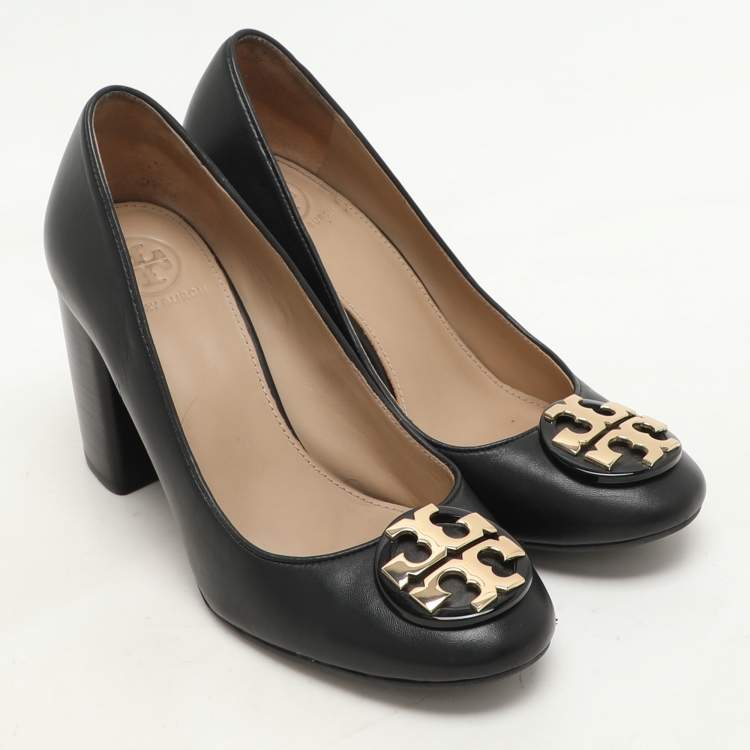 Pre Owned Tory Burch Black Leather Janey Block Heel Pumps Size 35