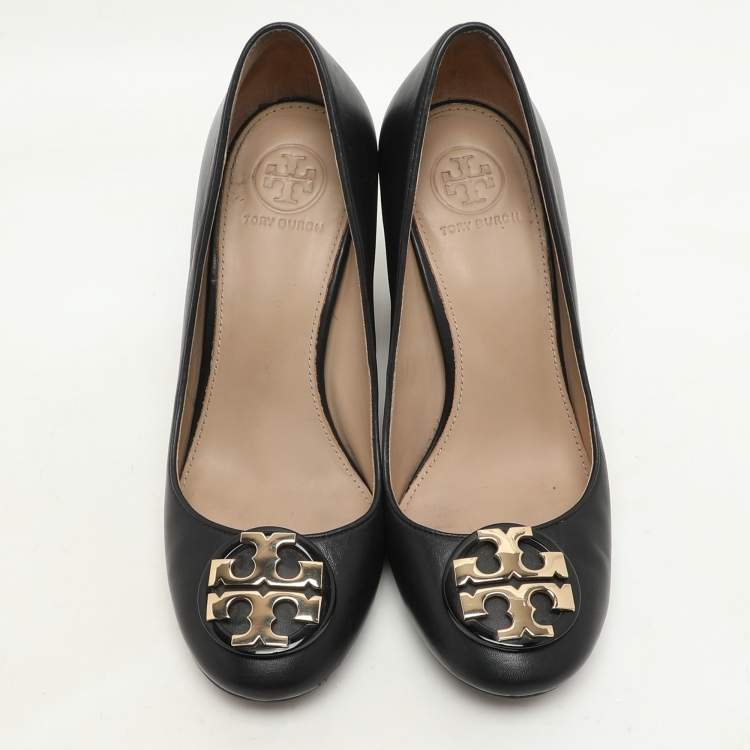 Pre Owned Tory Burch Black Leather Janey Block Heel Pumps Size 35