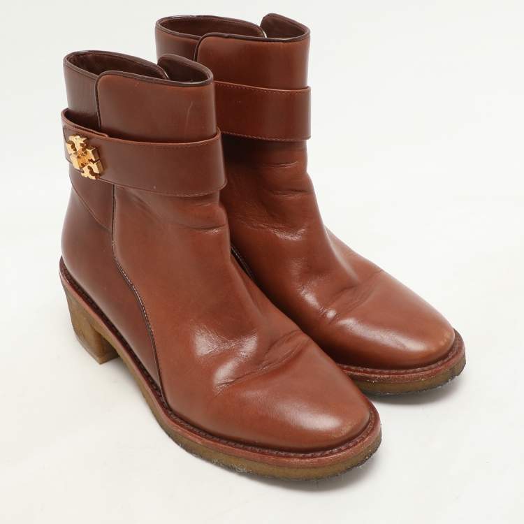 Pre Owned Tory Burch Tan Leather Ankle Length Boots Size 35.5