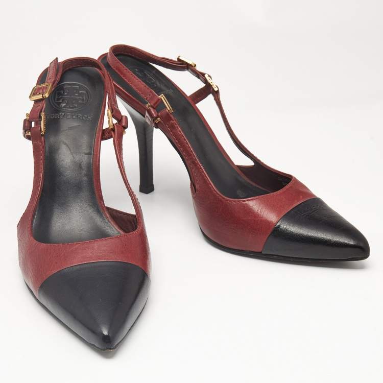 Pre Owned Tory Burch Black/Red Leather Slingback Pumps Size 39