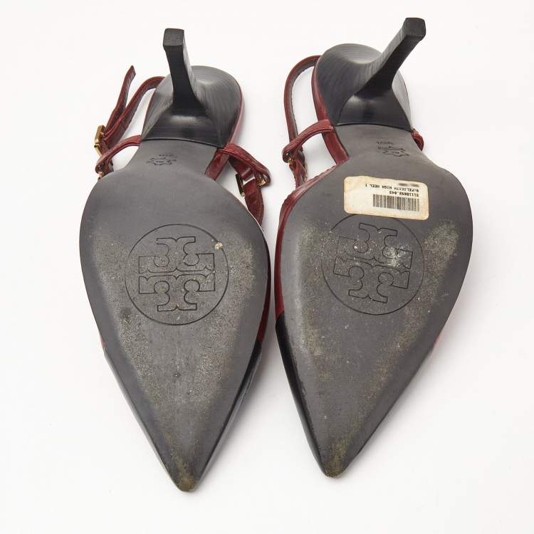 Pre Owned Tory Burch Black/Red Leather Slingback Pumps Size 39