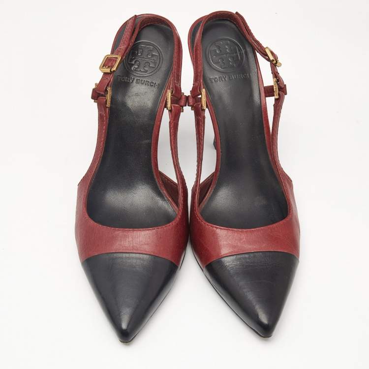 Pre Owned Tory Burch Black/Red Leather Slingback Pumps Size 39