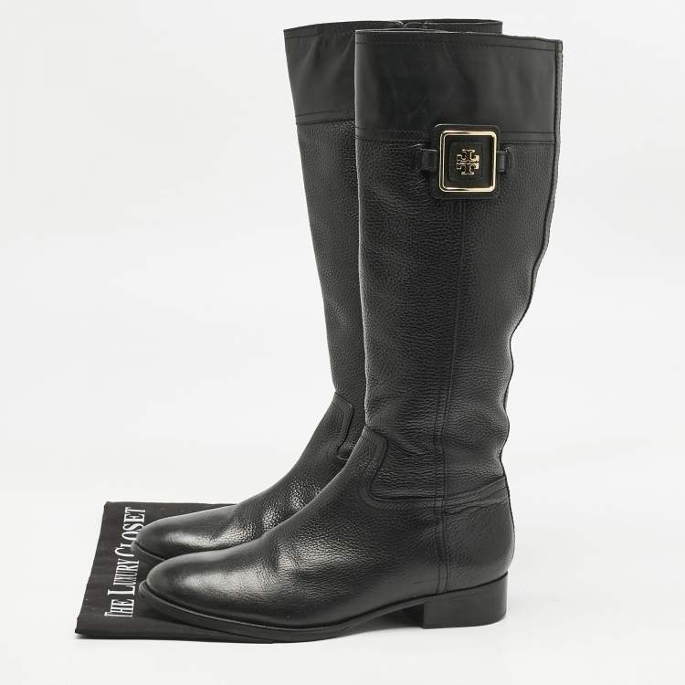 Pre Owned Tory Burch Black Leather Reva Knee Length Boots Size 40.5