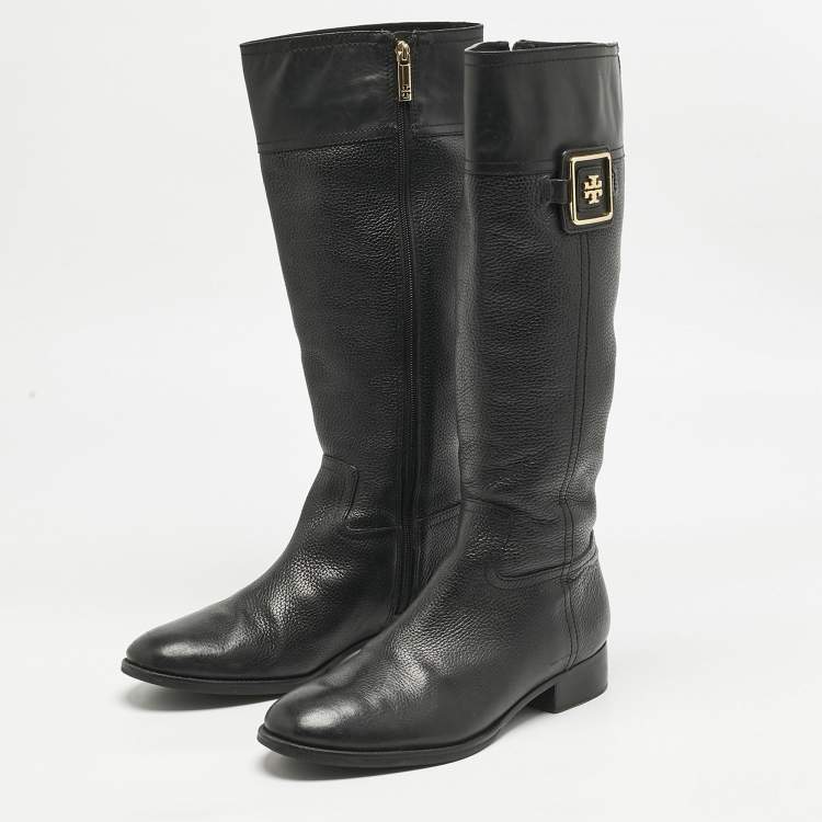 Pre Owned Tory Burch Black Leather Reva Knee Length Boots Size 40.5