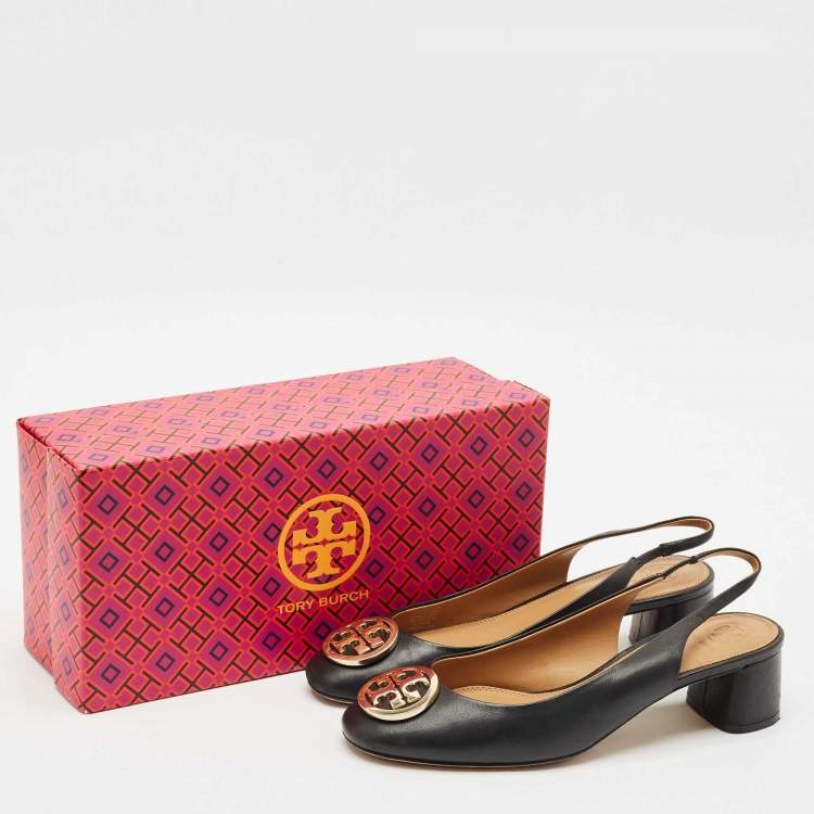 Pre Owned Tory Burch Black Leather Benton Block Heel Slingback Pumps Size 38