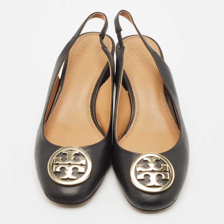 Pre Owned Tory Burch Black Leather Benton Block Heel Slingback Pumps Size 38