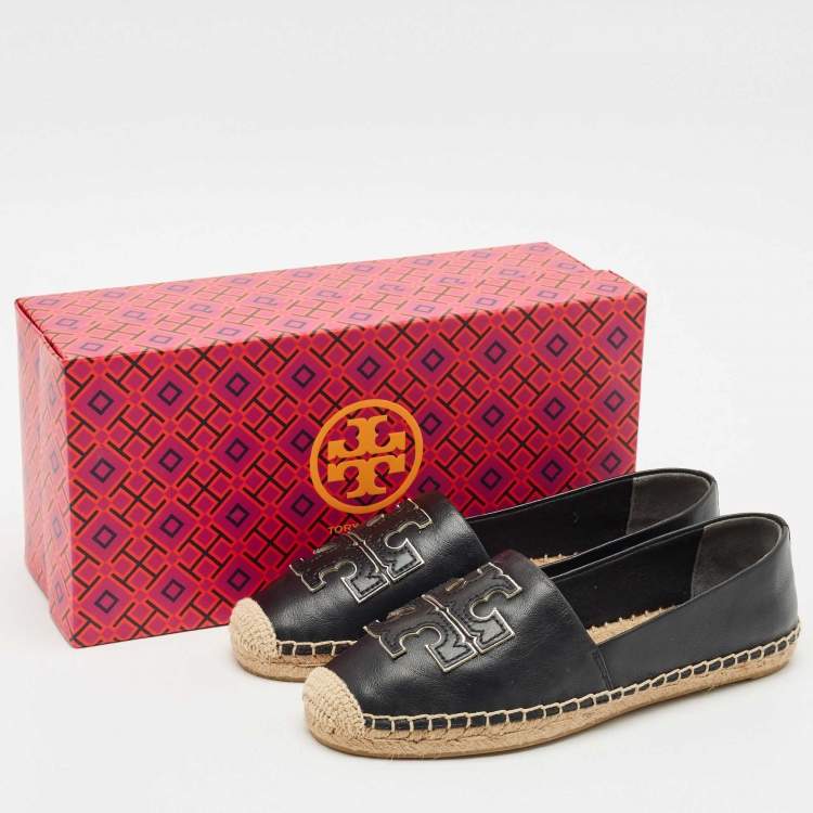 Pre Owned Tory Burch Black Leather Ines Espadrille Flats Size 37.5