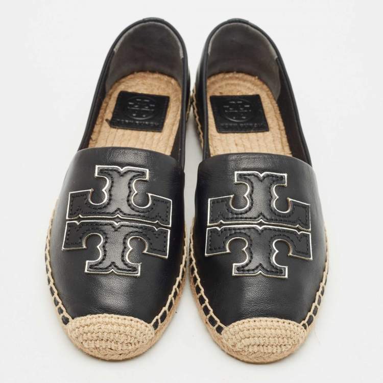Pre Owned Tory Burch Black Leather Ines Espadrille Flats Size 37.5