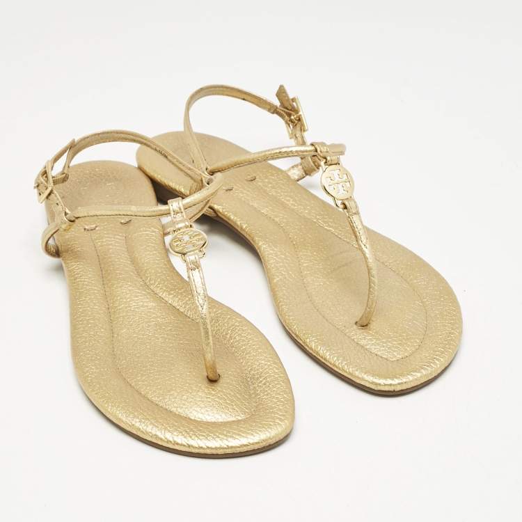 Pre Owned Tory Burch Gold Leather Thong Slingback Flat Sandals Size 36