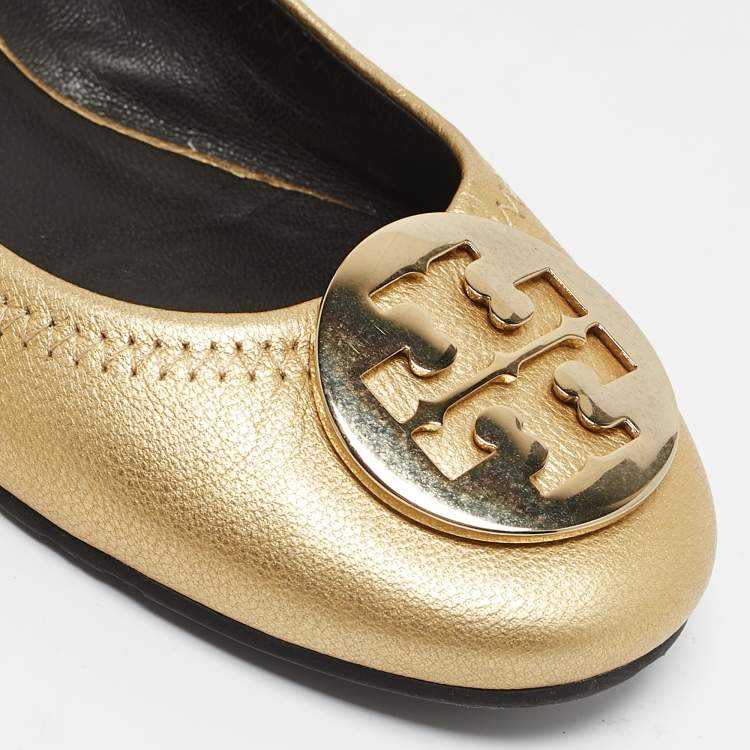 Pre Owned Tory Burch Gold Leather Reva Scrunch Ballet Flats Size 37
