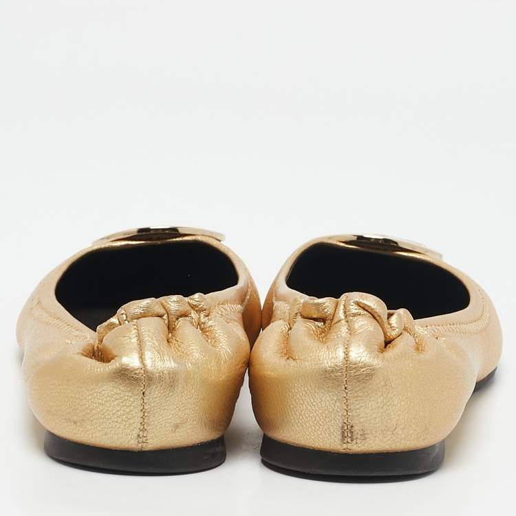Pre Owned Tory Burch Gold Leather Reva Scrunch Ballet Flats Size 37