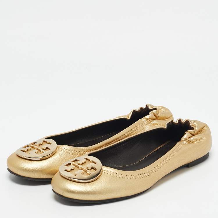Pre Owned Tory Burch Gold Leather Reva Scrunch Ballet Flats Size 37