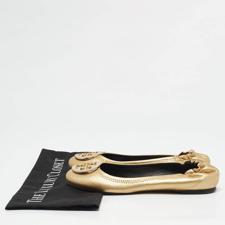 Pre Owned Tory Burch Gold Leather Reva Scrunch Ballet Flats Size 37