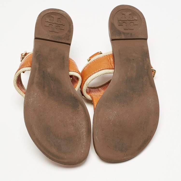 Pre Owned Tory Burch Orange Leather T-Strap Flat Sandals Size 38