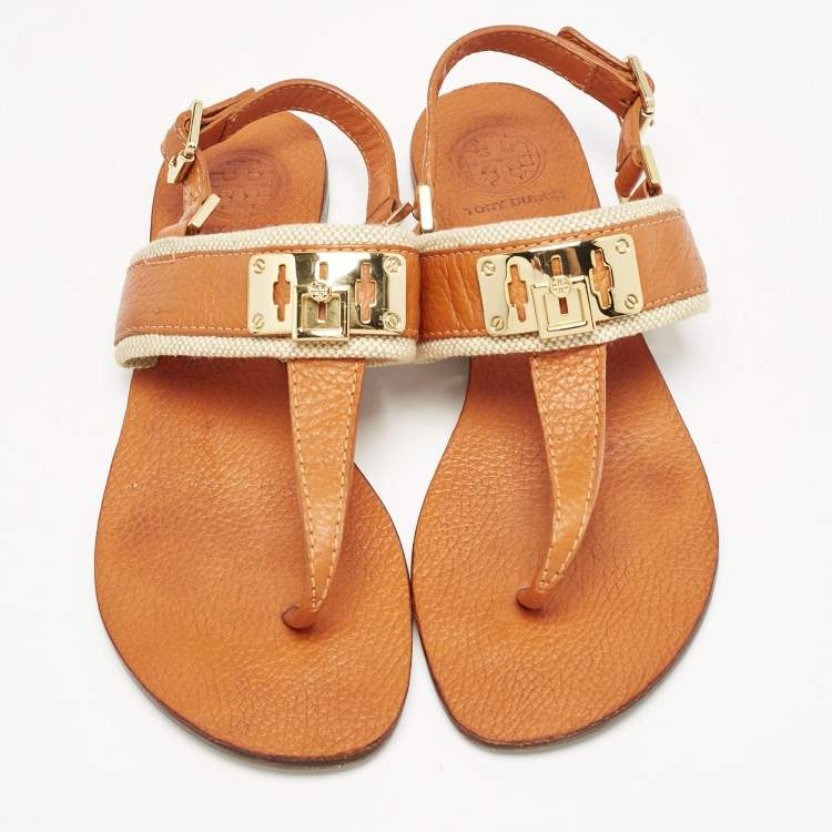 Pre Owned Tory Burch Orange Leather T-Strap Flat Sandals Size 38