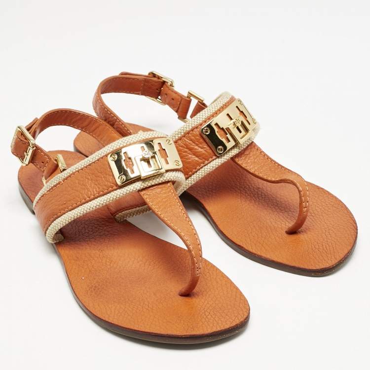 Pre Owned Tory Burch Orange Leather T-Strap Flat Sandals Size 38