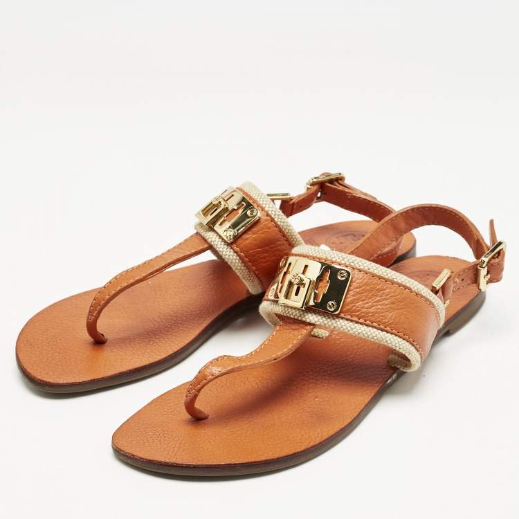 Pre Owned Tory Burch Orange Leather T-Strap Flat Sandals Size 38