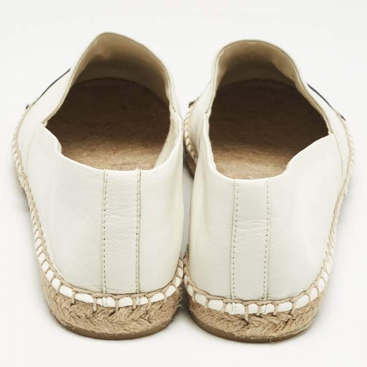 Pre Owned Tory Burch White/Black Leather Logo Cap Toe Espadrille Flats Size 39.5