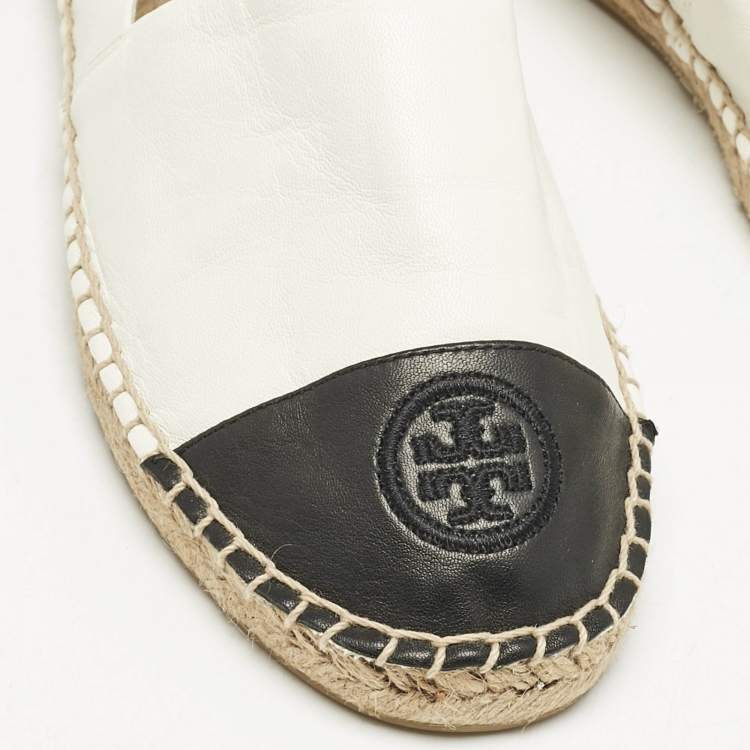 Pre Owned Tory Burch White/Black Leather Logo Cap Toe Espadrille Flats Size 39.5