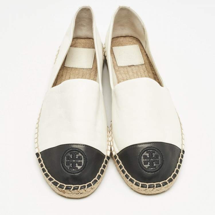 Pre Owned Tory Burch White/Black Leather Logo Cap Toe Espadrille Flats Size 39.5