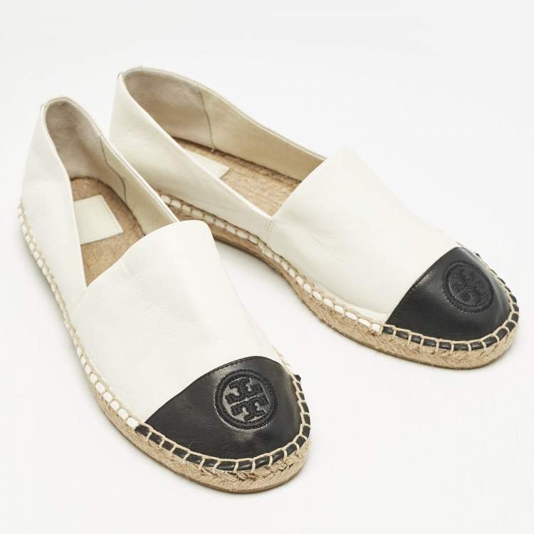Pre Owned Tory Burch White/Black Leather Logo Cap Toe Espadrille Flats Size 39.5