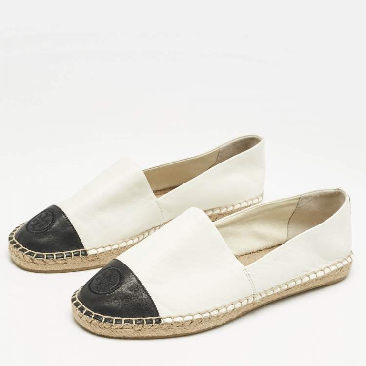 Pre Owned Tory Burch White/Black Leather Logo Cap Toe Espadrille Flats Size 39.5