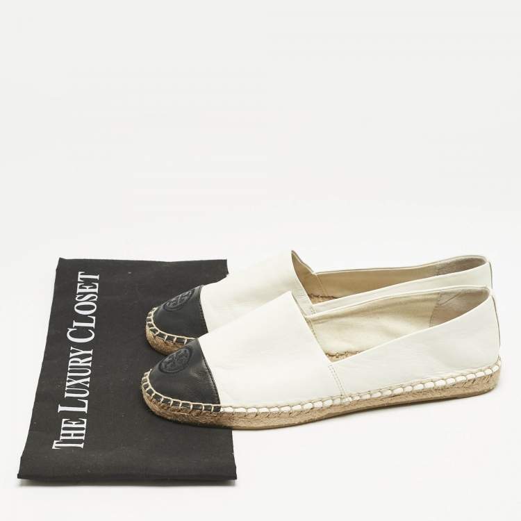 Pre Owned Tory Burch White/Black Leather Logo Cap Toe Espadrille Flats Size 39.5
