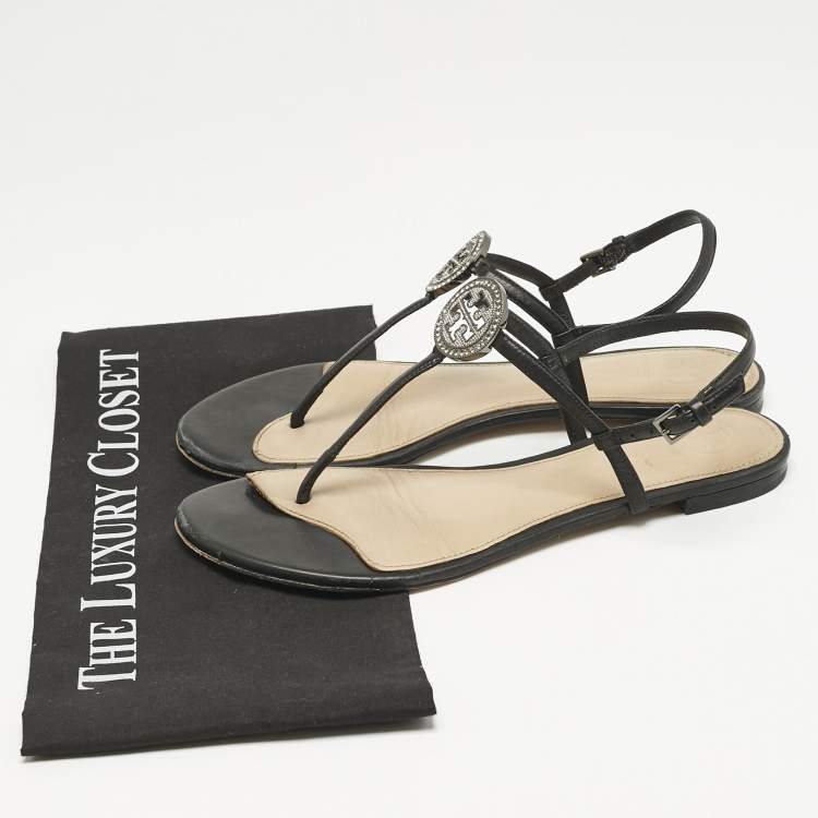 Pre Owned Tory Burch Black Leather Logo Embellished Flat Thong Sandals Size 38