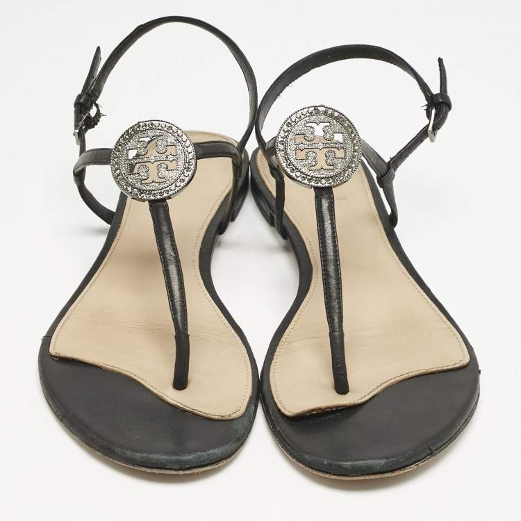 Pre Owned Tory Burch Black Leather Logo Embellished Flat Thong Sandals Size 38